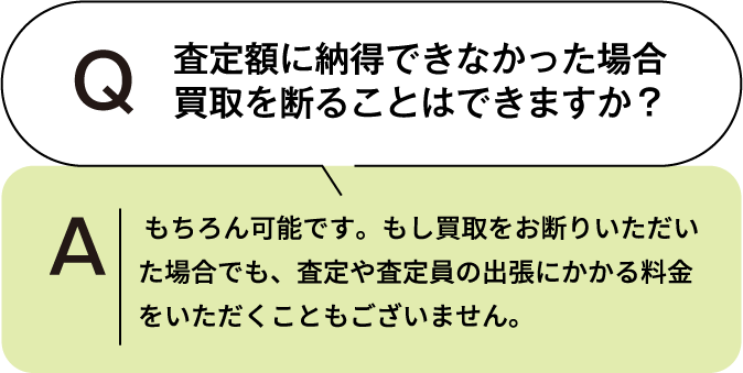 査定額に納得できなかった場合、買取を断ることはできますか? もちろん可能です。もし買取をお断りいただいた場合でも、査定や査定員の出張にかかる料金をいただくこともございません。
